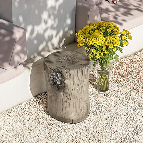 COSIEST Outdoor Antique Gray End Table Faux Wood, Hand-Painted Wood Stump Stool, Ottoman or Plant Stand, Deck or Garden - Image 4