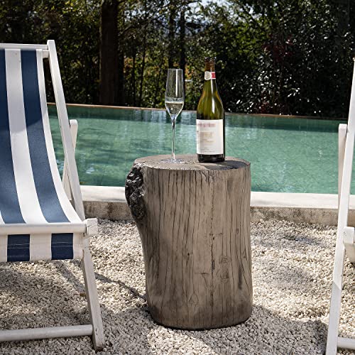 COSIEST Outdoor Antique Gray End Table Faux Wood, Hand-Painted Wood Stump Stool, Ottoman or Plant Stand, Deck or Garden - Image 2