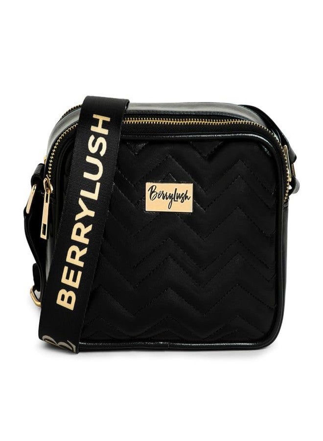 Berrylush Women Solid Black Non-Detachable Strap PU Quilted Crossbody Sling Bag - Image 1