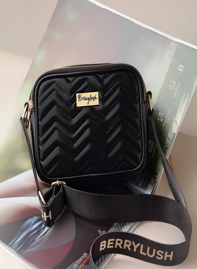 Berrylush Women Solid Black Non-Detachable Strap PU Quilted Crossbody Sling Bag - Image 2