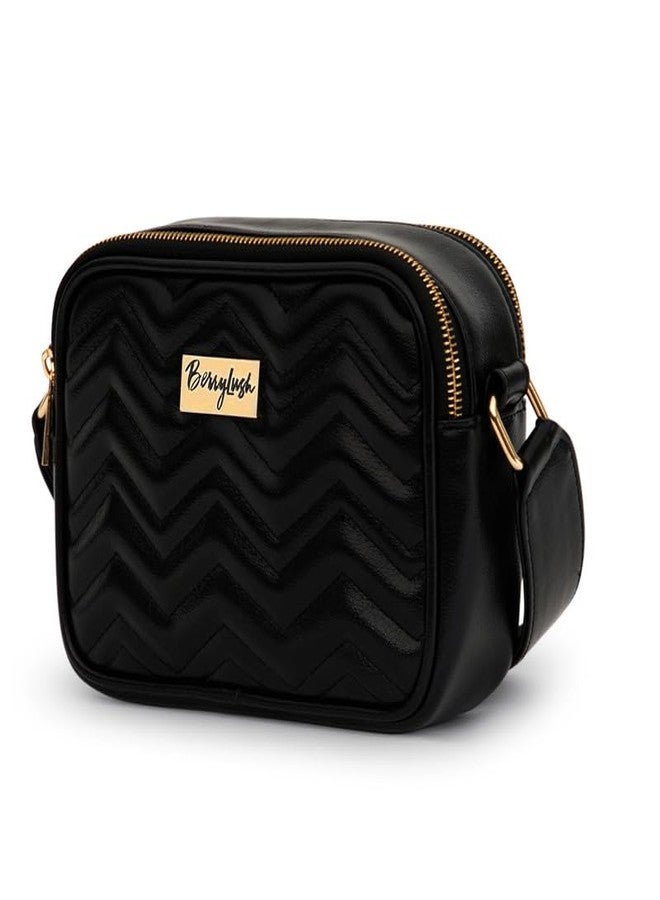 Berrylush Women Solid Black Non-Detachable Strap PU Quilted Crossbody Sling Bag - Image 3