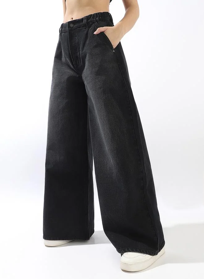HIGH STAR Women's Black 100% Cotton Textured Full Wide Leg Jeans