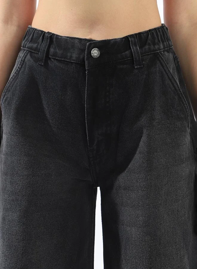 HIGH STAR Women's Black 100% Cotton Textured Full Wide Leg Jeans