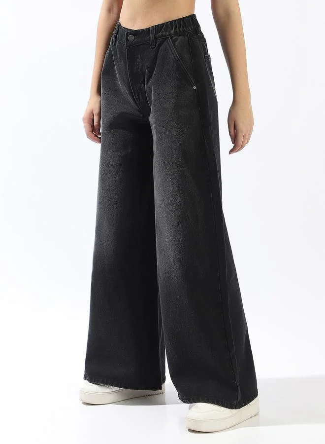 HIGH STAR Women's Black 100% Cotton Textured Full Wide Leg Jeans