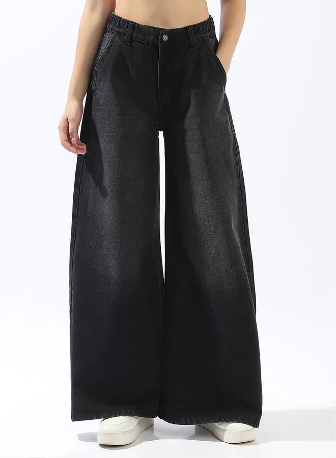 HIGH STAR Women's Black 100% Cotton Textured Full Wide Leg Jeans