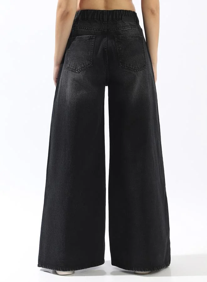 HIGH STAR Women's Black 100% Cotton Textured Full Wide Leg Jeans