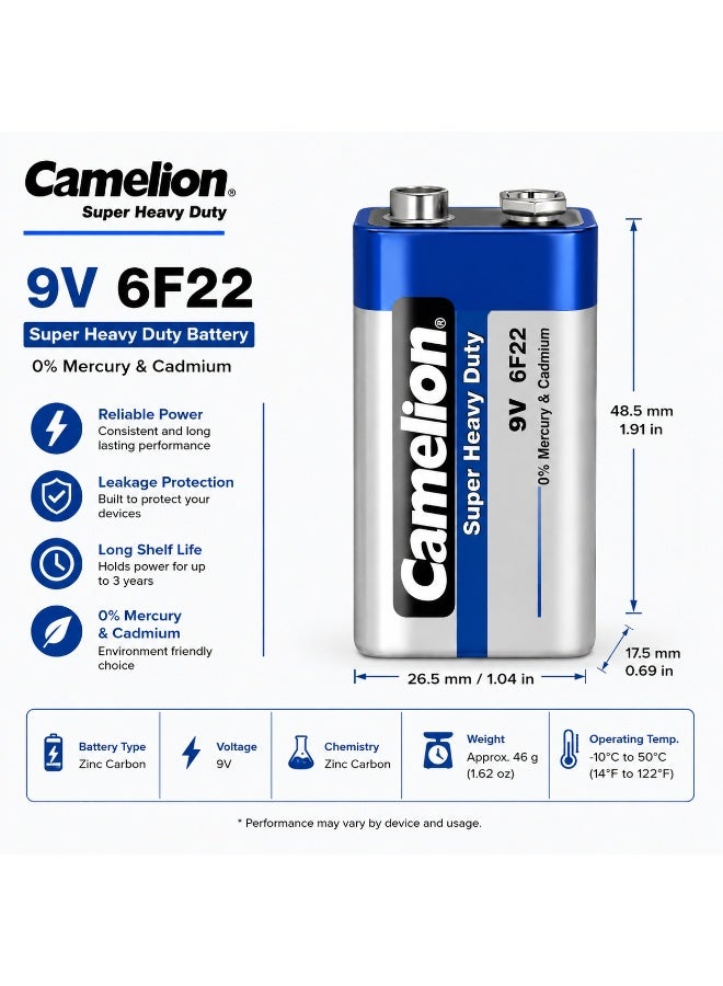 Camelion Super Heavy Duty 9V Battery, Zinc Carbon PP3 Battery for Smoke Alarms, Microphones, Multimeters, Radios & Electronic Devices - Image 2