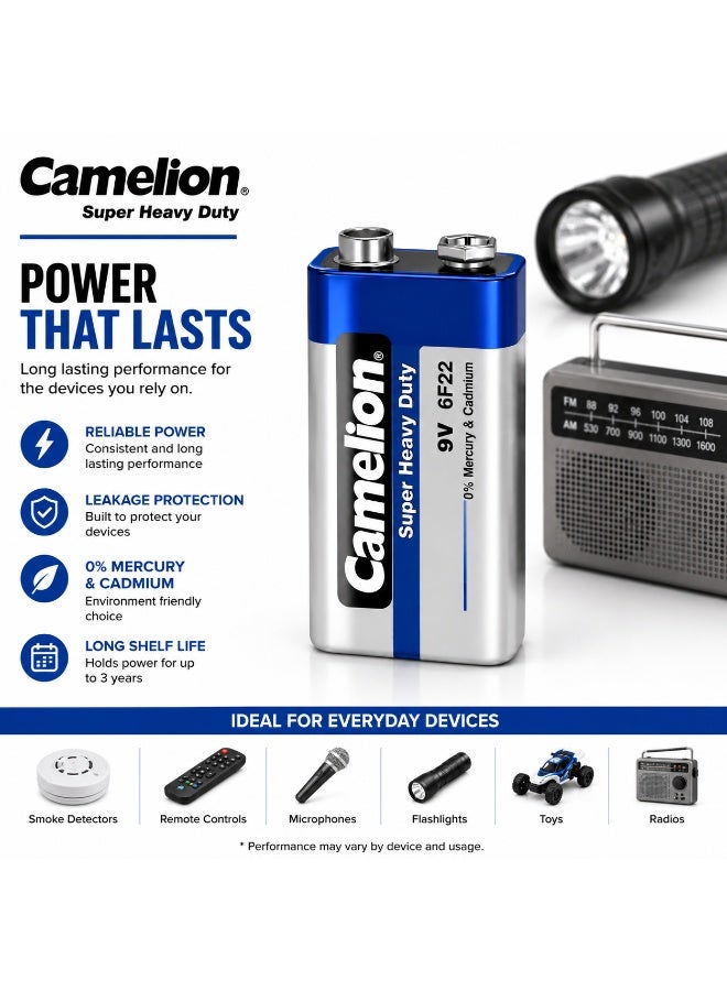 Camelion Super Heavy Duty 9V Battery, Zinc Carbon PP3 Battery for Smoke Alarms, Microphones, Multimeters, Radios & Electronic Devices - Image 5