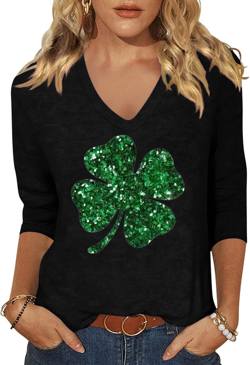 Vircreate Womens 3/4 Sleeve V Neck T-Shirts St. Patrick's Day Spring Shirts Lucky Shamrock Graphic Tee Tops (M,ST262 Black)