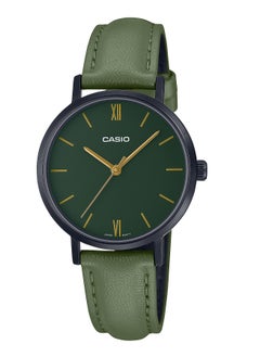 CASIO LTP-VT02BL-3A Women's Minimalistic Black IP Green Dial Leather Band 3-Hand Analog Watch 