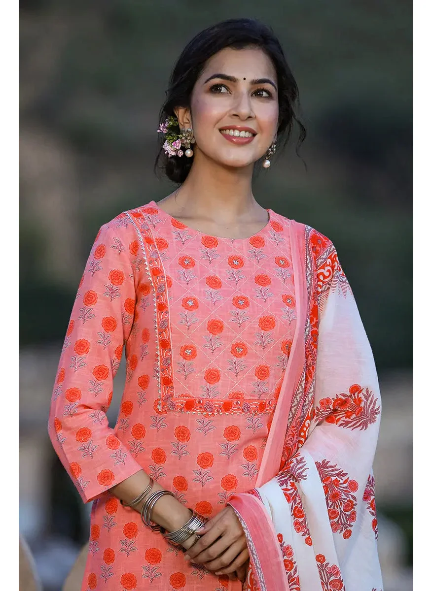 زيري سوق Pink Cotton Straight 3-Piece Kurta Set