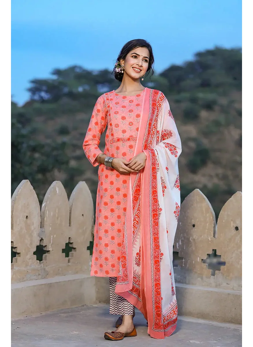 زيري سوق Pink Cotton Straight 3-Piece Kurta Set