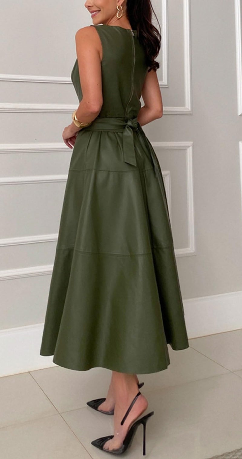 CHARTOU Women PU Faux Leather Sleeveless Elegant Flowy Long Dress Party Night Out Dress with Belt (Medium, Green) - Image 3