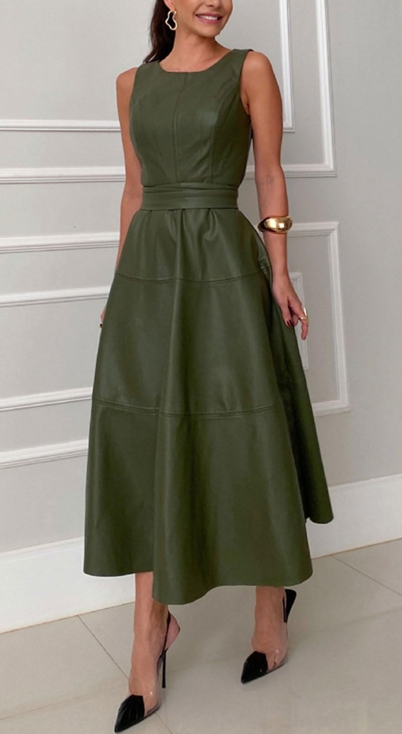 CHARTOU Women PU Faux Leather Sleeveless Elegant Flowy Long Dress Party Night Out Dress with Belt (Medium, Green) - Image 2