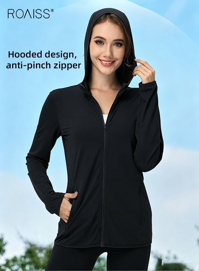 roaiss Women's Upf 50+ UV Sun Protection Clothing Zip up Hoodie Long Sleeve Sun Shirt Fishing Hiking Outdoor Jacket Comfortable, Breathable Sun-Protective Clothing with Pockets Black - Image 3