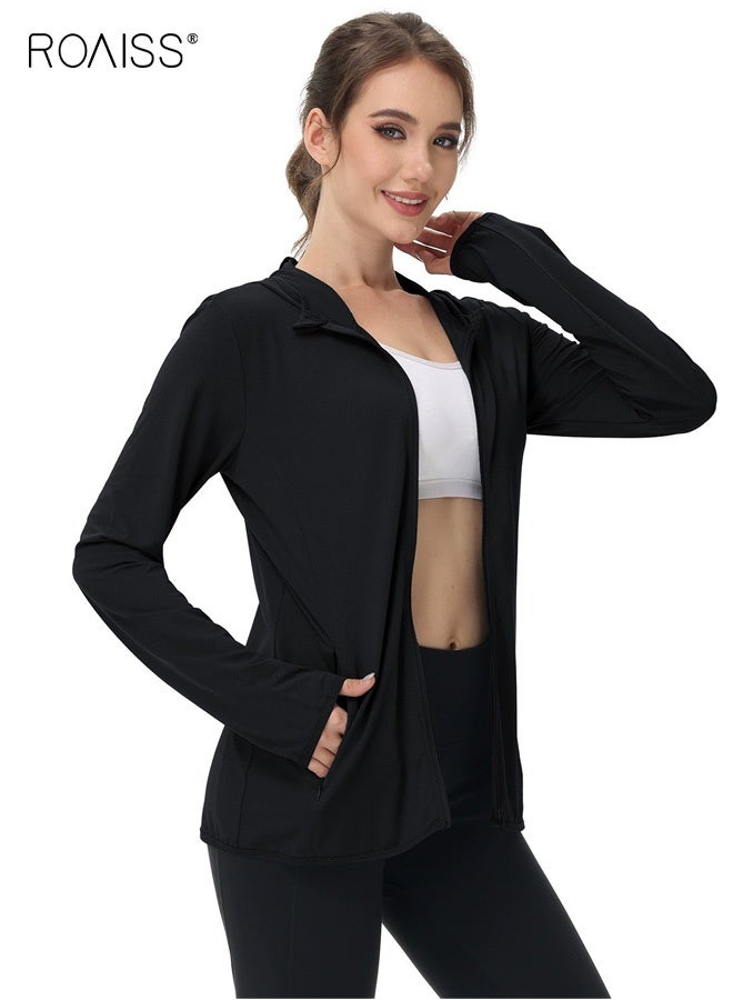 roaiss Women's Upf 50+ UV Sun Protection Clothing Zip up Hoodie Long Sleeve Sun Shirt Fishing Hiking Outdoor Jacket Comfortable, Breathable Sun-Protective Clothing with Pockets Black - Image 1