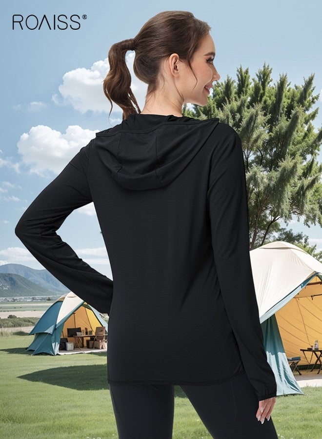 roaiss Women's Upf 50+ UV Sun Protection Clothing Zip up Hoodie Long Sleeve Sun Shirt Fishing Hiking Outdoor Jacket Comfortable, Breathable Sun-Protective Clothing with Pockets Black - Image 2