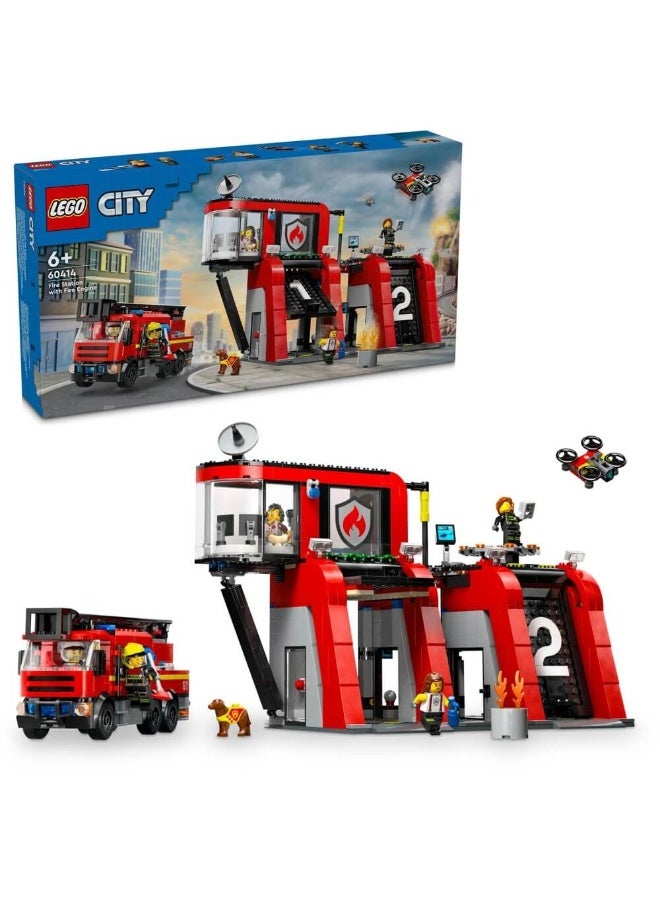 LEGO City Fire Station With Fire Engine Playset 60414 Building Toy Set (843 Pieces) - Image 1