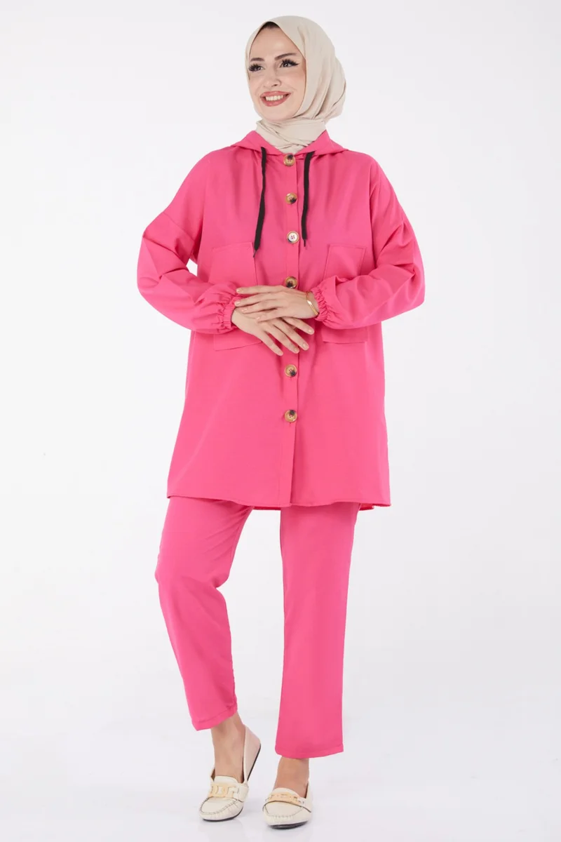 Tofisa Plain Hooded Collar Women's Fuchsia Tunic + Pants - 13020