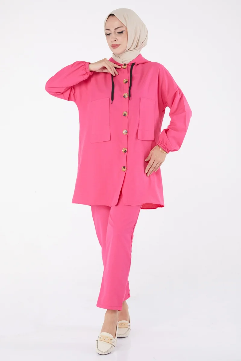 Tofisa Plain Hooded Collar Women's Fuchsia Tunic + Pants - 13020