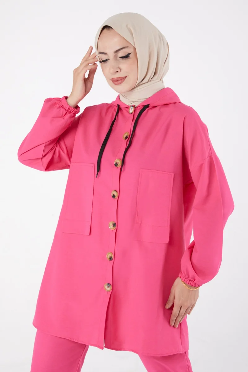 Tofisa Plain Hooded Collar Women's Fuchsia Tunic + Pants - 13020