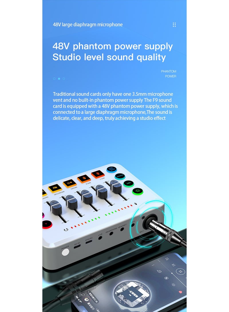 NIBEMINENT HD Gaming Audio Mixer Rechargeable Audio Interface RGB Mixer with XLR Mic Interface 48V Phantom Power for Podcast/Recording White - Image 2