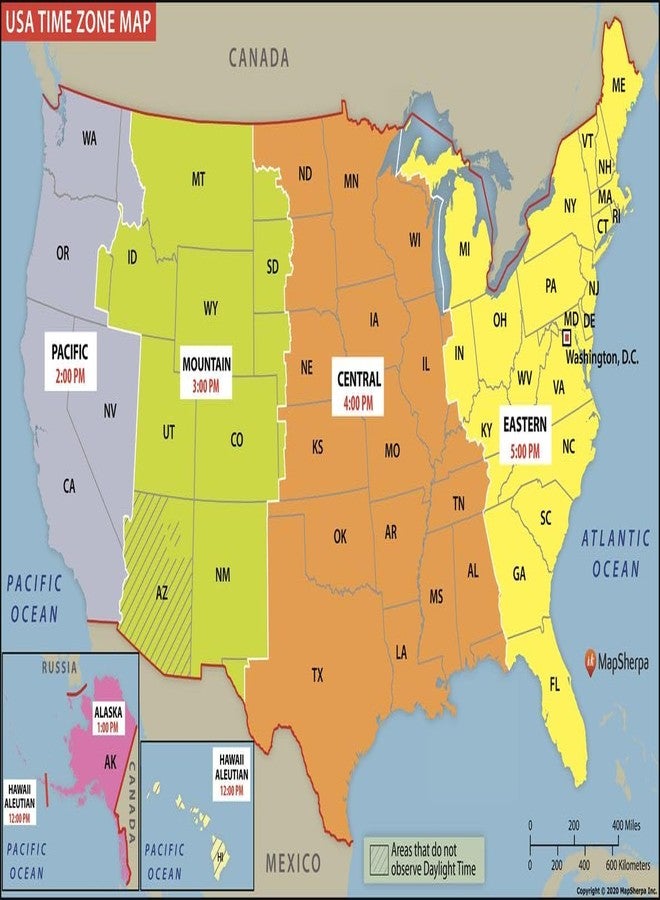 MapSherpa USA Time Zone Map - Compact - 24 x 16 inch Poster - Front Lamination - Image 1