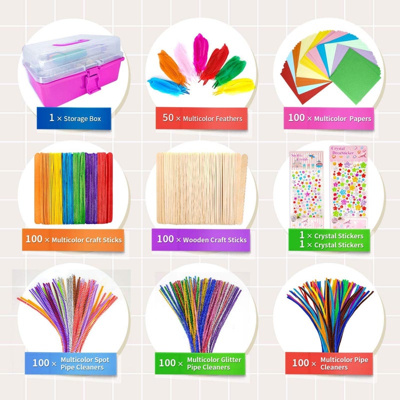 kortes Art and Craft Supplies for Kids, Toddler DIY Craft Art Supply Set Included Pipe Cleaners, Pom Poms, Feather, Folding Storage Box - All in One for Craft DIY Art Supplies, Rose Red - Image 2