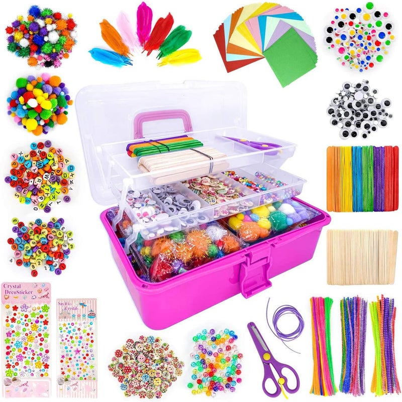 kortes Art and Craft Supplies for Kids, Toddler DIY Craft Art Supply Set Included Pipe Cleaners, Pom Poms, Feather, Folding Storage Box - All in One for Craft DIY Art Supplies, Rose Red - Image 1