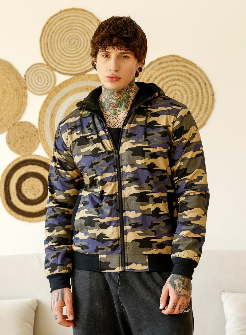 Campus Sutra Men's Camouflage Fleece-Lined Jacket | Hooded Neck , Long Ribbed Cuff Sleeves , Zipper Closure , Ribbed-Straight Hem | Abstract Print Woven Plain For Casual & Daily | Green & Beige