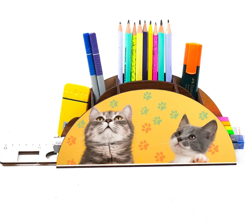 نوتبا Wooden Cute Cats Rainbow Ruled Desktop Pencil Holder Box Organizer for Kids GK126