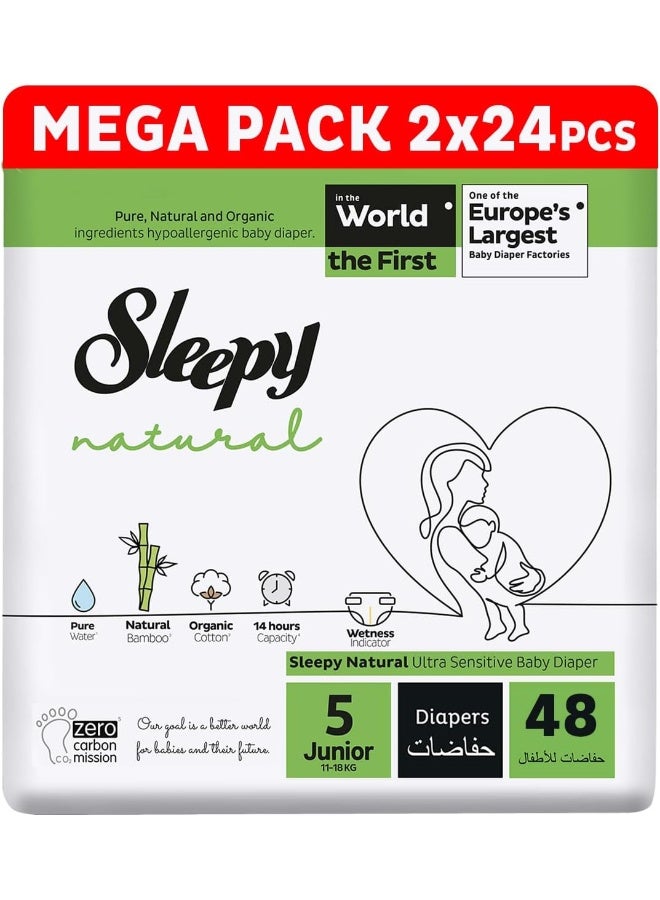 Sleepy Natural Size 5 , Newborn, 48 Count, 11-18Kg Hypoallergenic Baby Dry Diapers, Organic Cotton, Highly Absorbent, Bamboo Extract, 2X24 Ultimate Comfort And Dryness, 100% Leakage Protection - Image 1