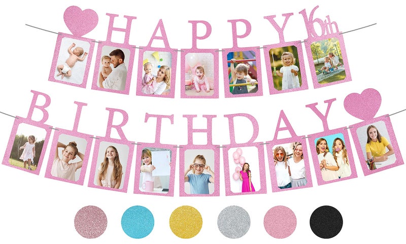 PartyHooman Sweet 16 Birthday Decorations Photo Banner in Purple Preassembled Sweet 16 Banner WITH Sixteen Photo Card Frames Party Supplies Happy 16th birthday decorations for girls with 16 Signs - Image 2