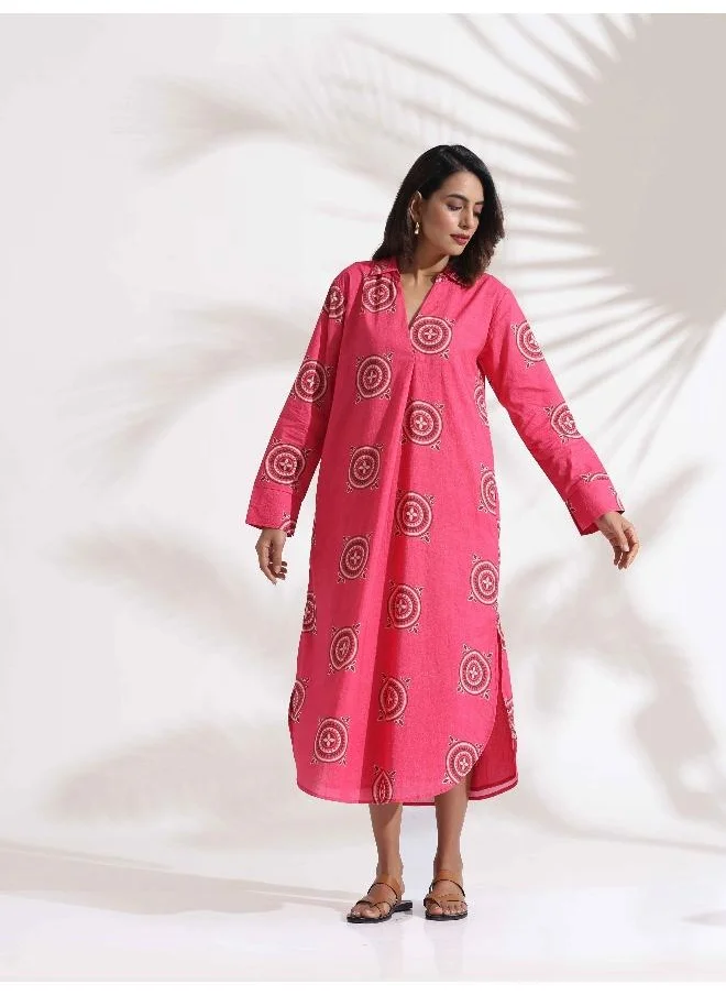 ترو برونز trueBrowns Pink Cotton Print A-line Dress