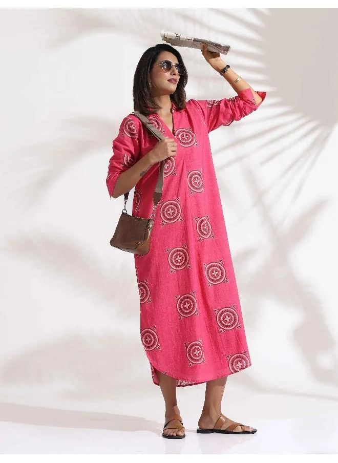 ترو برونز trueBrowns Pink Cotton Print A-line Dress