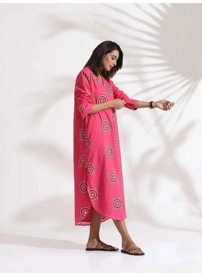 ترو برونز trueBrowns Pink Cotton Print A-line Dress