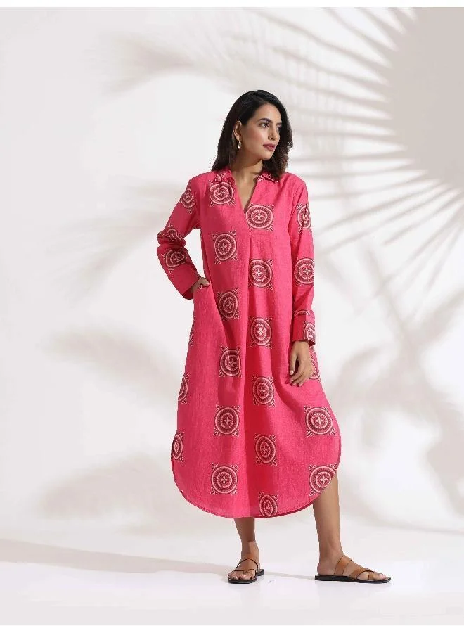 ترو برونز trueBrowns Pink Cotton Print A-line Dress