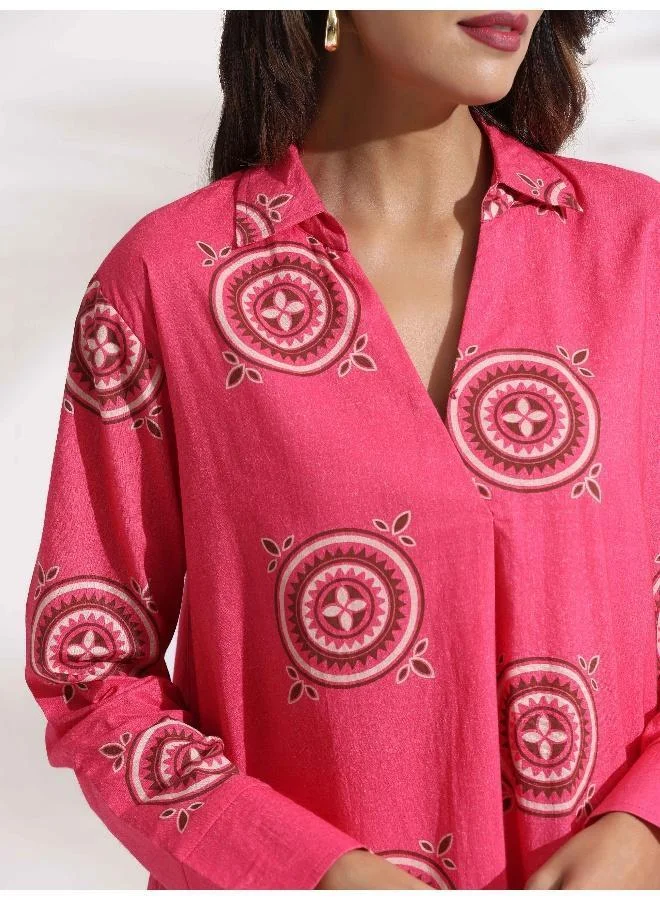 ترو برونز trueBrowns Pink Cotton Print A-line Dress