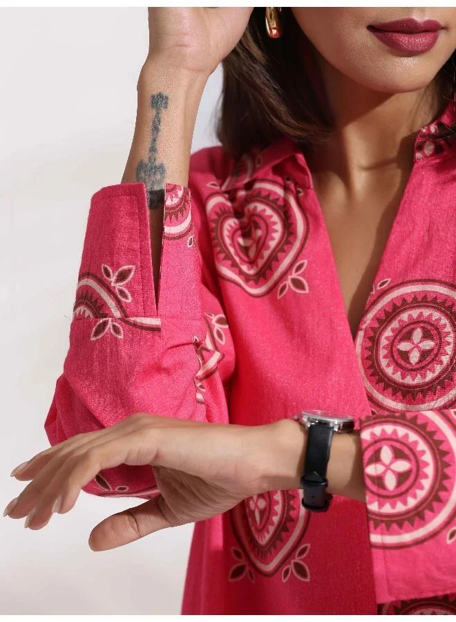 ترو برونز trueBrowns Pink Cotton Print A-line Dress