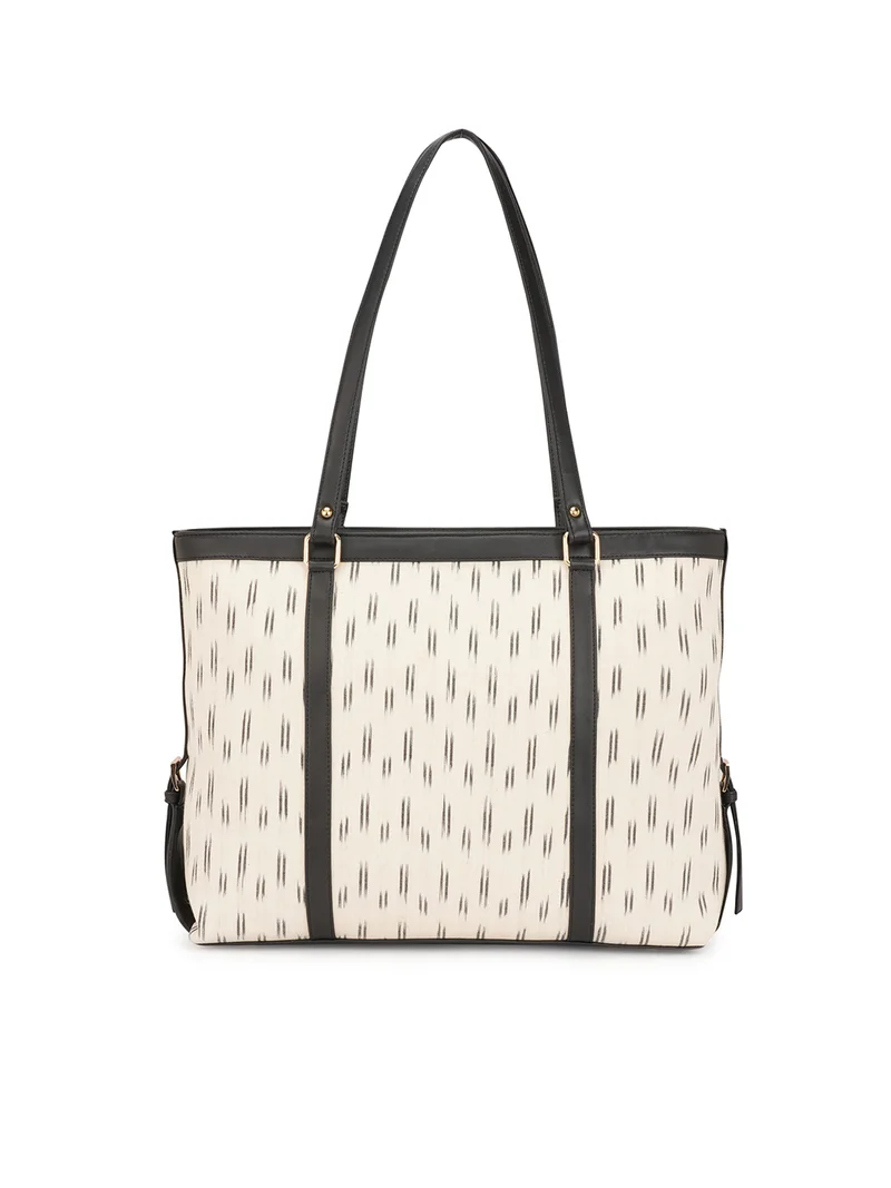 Globus Women Off White Vegan Leather Ikat Abstract Print Double Handle Oversized Tote Bag