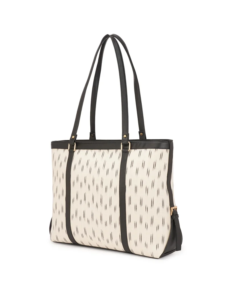globus Globus Women Off White Vegan Leather Ikat Abstract Print Double Handle Oversized Tote Bag