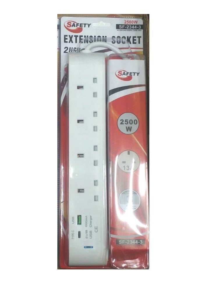 SAFETY Extension 4 Sockets, 3 Meter 2500W USB Port 1000 MA 1 Type-C  Charging Port. 