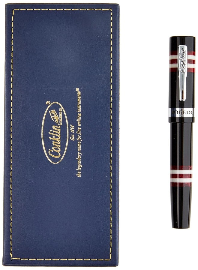 Conklin Toledo Fountain Pen in Black with Burgundy and White Ring Segments - Broad Nib - Luxury Resin Fountain Pen with Chrome Trim - Image 2
