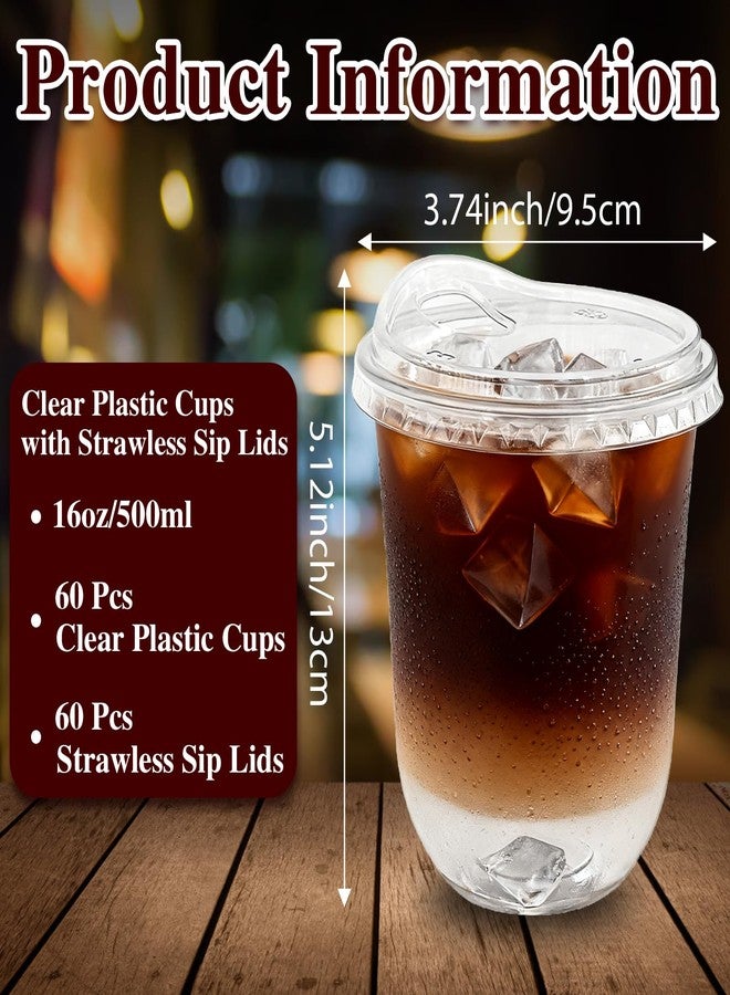 Haawooky 60 Pack Clear Plastic Cups with Strawless Sip Lids,16 oz Disposable PET Crystal Iced Coffee Cups with Lids,Round Bottom To Go Cup for Iced Coffee Juice Smoothie Cold Beverage Coffee Shops and Party - Image 2