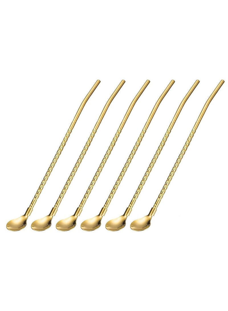 MARKQ [Pack of 6] Gold Stainless Steel Spoon Straws - Reusable Metal Long Handle Stirring Straws with Spoon for Cold Drinks, Milkshakes & Cocktails - Image 1