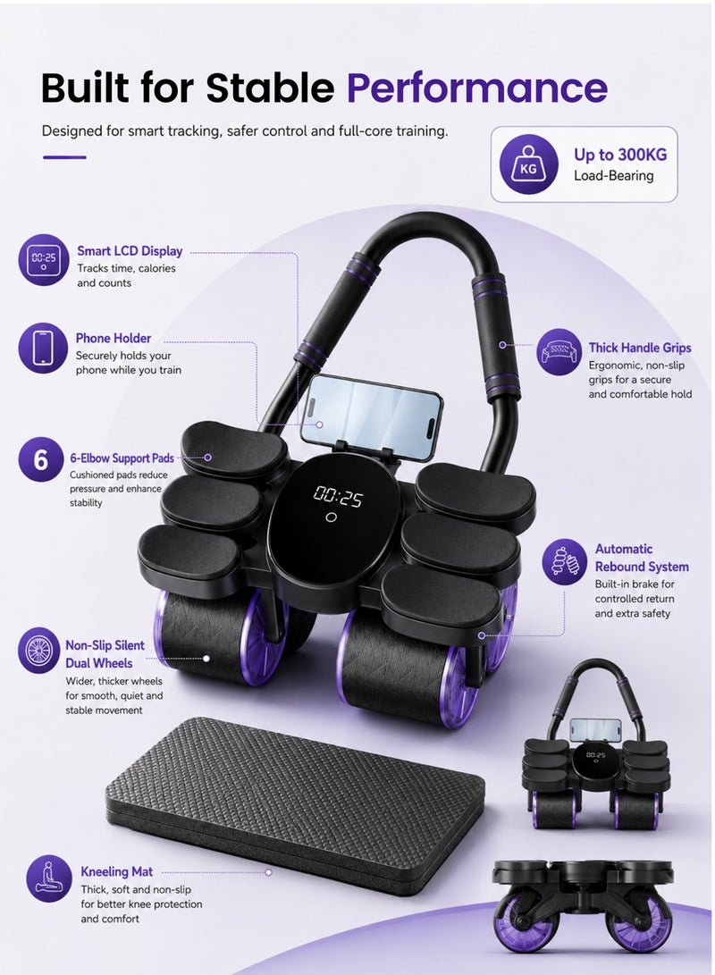 Axpeih Ab Roller Automatic Rebound with Smart LCD Counter, 4 Wheel Elbow Support Ab Wheel, 300KG Heavy Duty Core Trainer, Silent Non Slip Home Gym Fitness Equipment for Men Women - Image 4