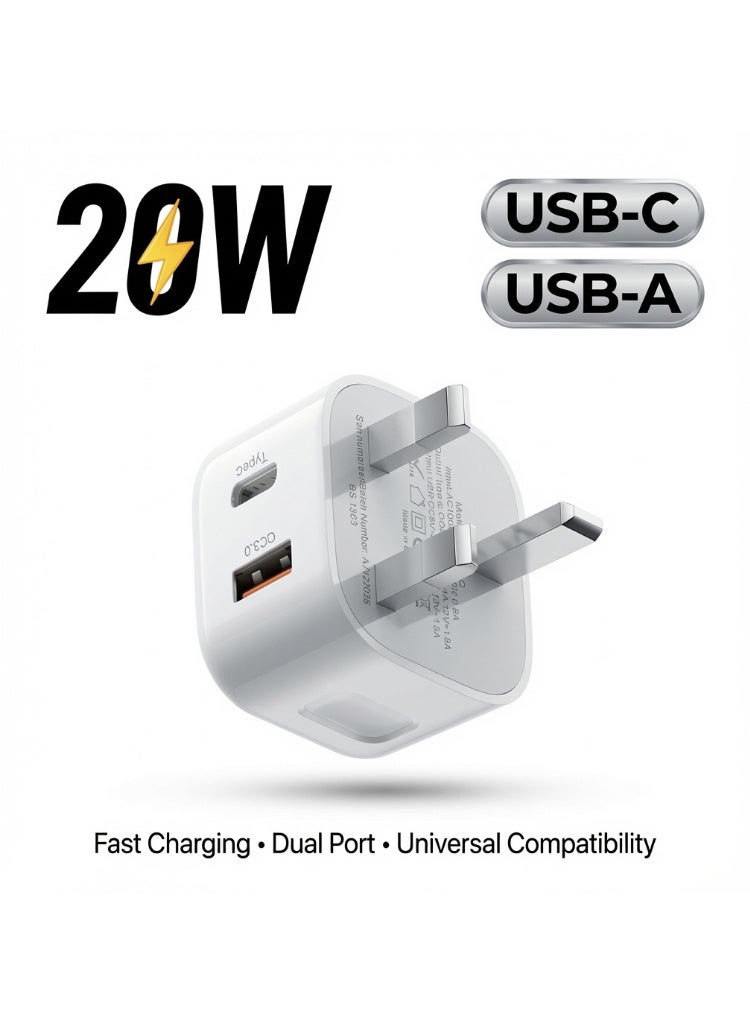اراباش شاحن جداري مزدوج المنافذ USB-C بقوة 20 واط بتقنية الشحن السريع PD و QC3.0 مع كابل من النوع C، محول شحن سريع للهواتف الذكية والأجهزة اللوحية - Image 1