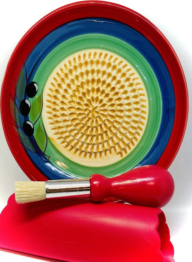 BonCera, All-in-one Premium Ceramic Garlic Grater Plate 4-Piece Set - Classic Multicolor Olive Design - For Garlic, Ginger, Chocolate, and more! - Comes with 5.25" Plate, Peeler, Brush, and Stand - Image 1