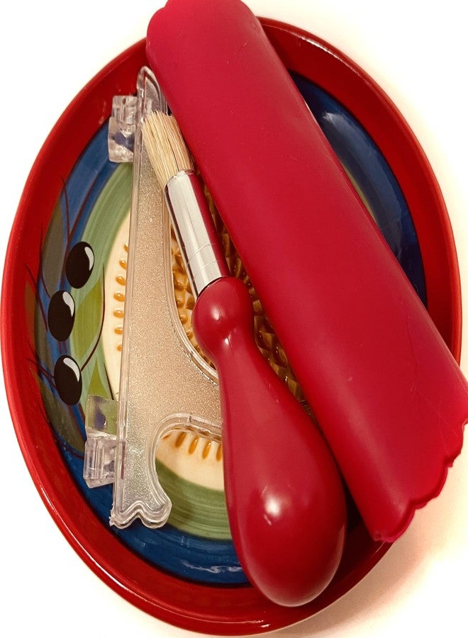 BonCera, All-in-one Premium Ceramic Garlic Grater Plate 4-Piece Set - Classic Multicolor Olive Design - For Garlic, Ginger, Chocolate, and more! - Comes with 5.25" Plate, Peeler, Brush, and Stand - Image 4