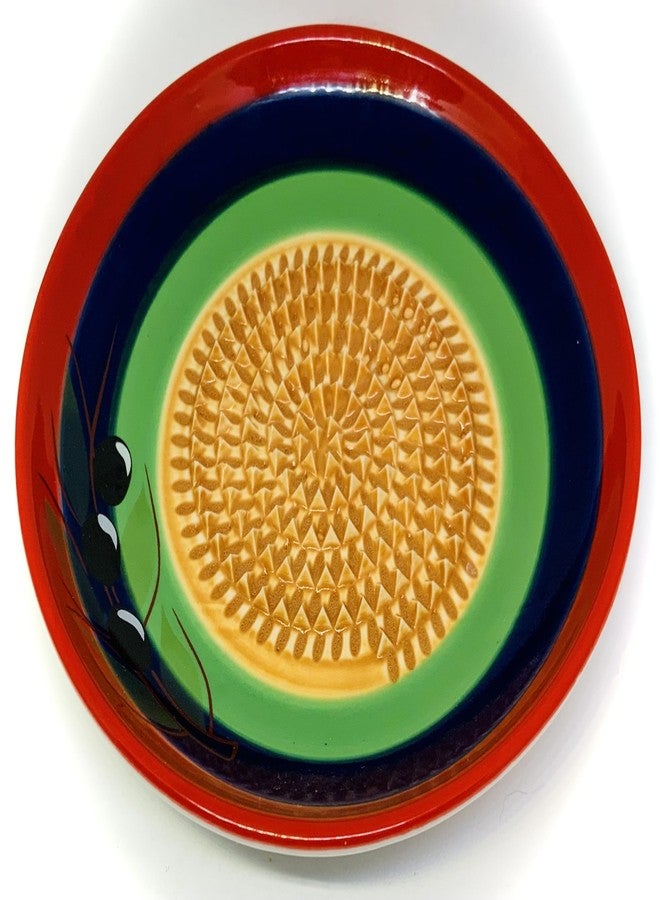 BonCera, All-in-one Premium Ceramic Garlic Grater Plate 4-Piece Set - Classic Multicolor Olive Design - For Garlic, Ginger, Chocolate, and more! - Comes with 5.25" Plate, Peeler, Brush, and Stand - Image 3